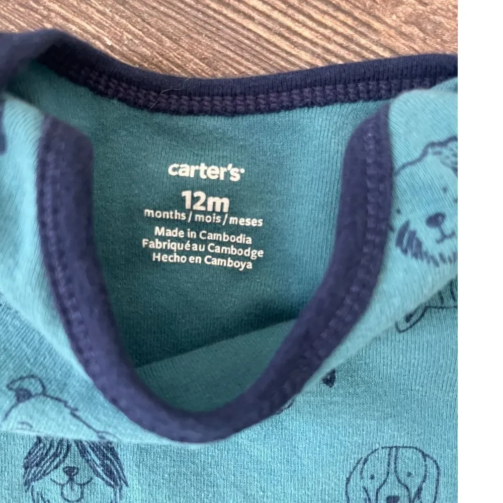 Adorable Turquoise Animal Print Long Sleeve Baby Bodysuit with Dog & Cat Pattern